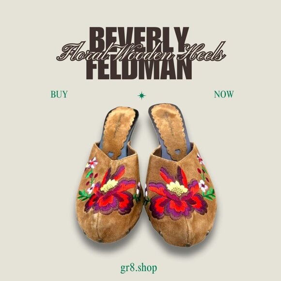 Beverly Feldman Floral Wooden Heels Womens Embroidered Suede Mules Size 7 - Picture 1 of 10